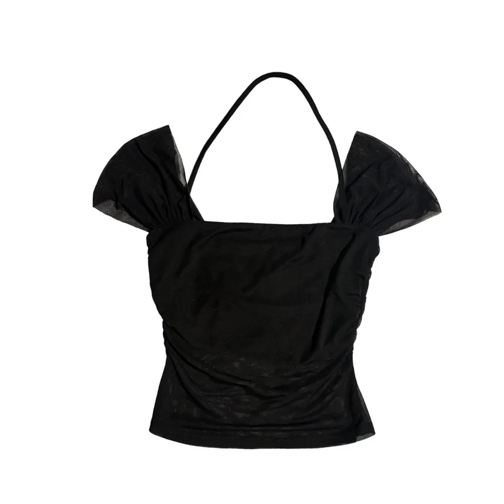 Tiger Mist Black Mesh Ruched Cap Sleeve Halter Square Neck Top Womens M Emo Goth - Picture 6 of 8